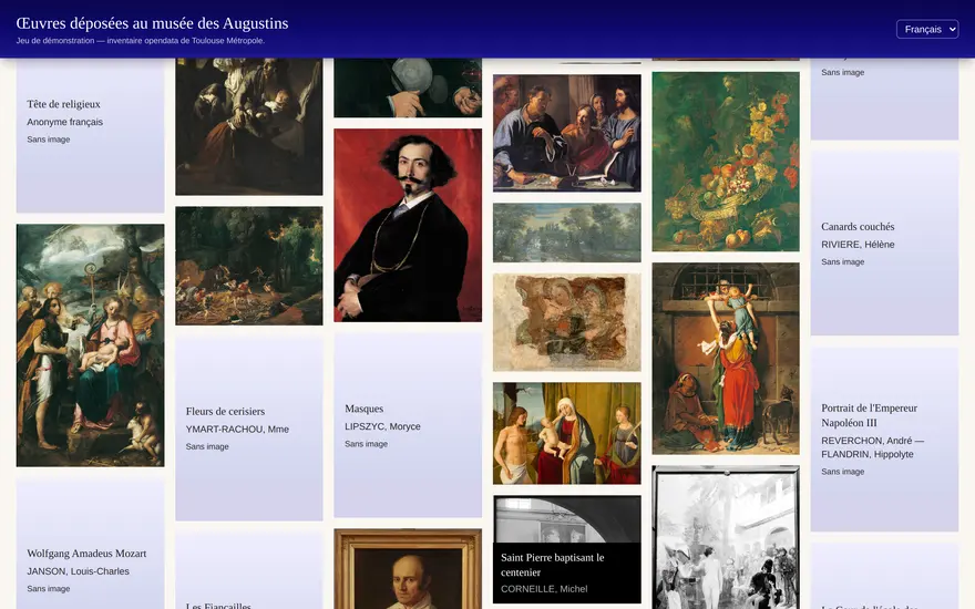 La collezione tolosana percorsa più in basso: le opere fotografate convivono con le schede ancora prive di immagine.